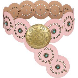 Woman's Western PU Leather Belts Concho Disc Wide Waist Belt Pink Bronze Buckle